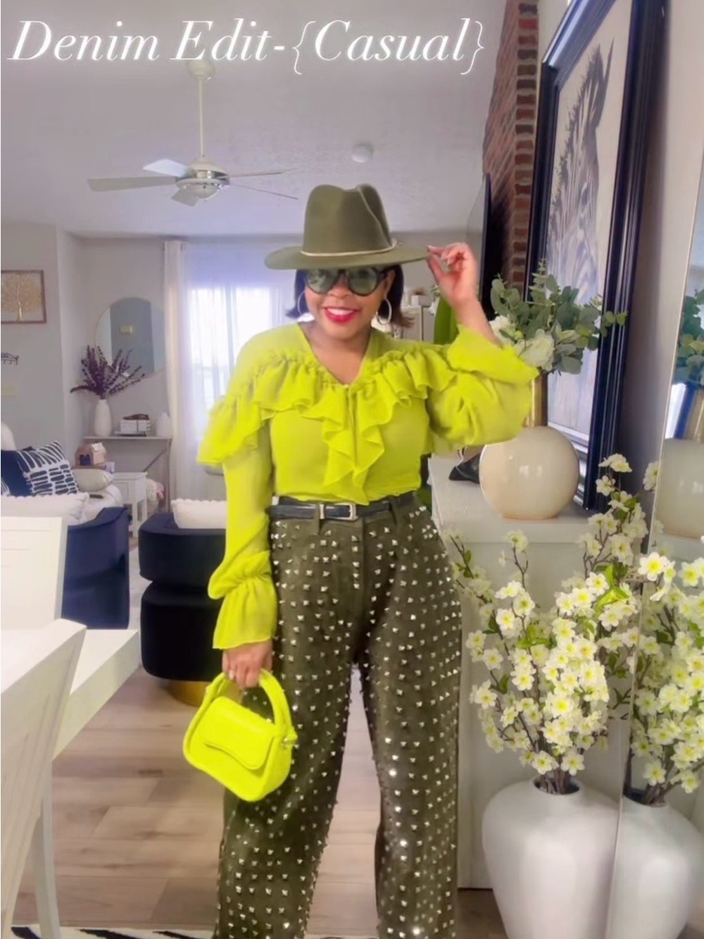 Missguided Olive Studded Wide-Leg Pants with Neon Lime Accents